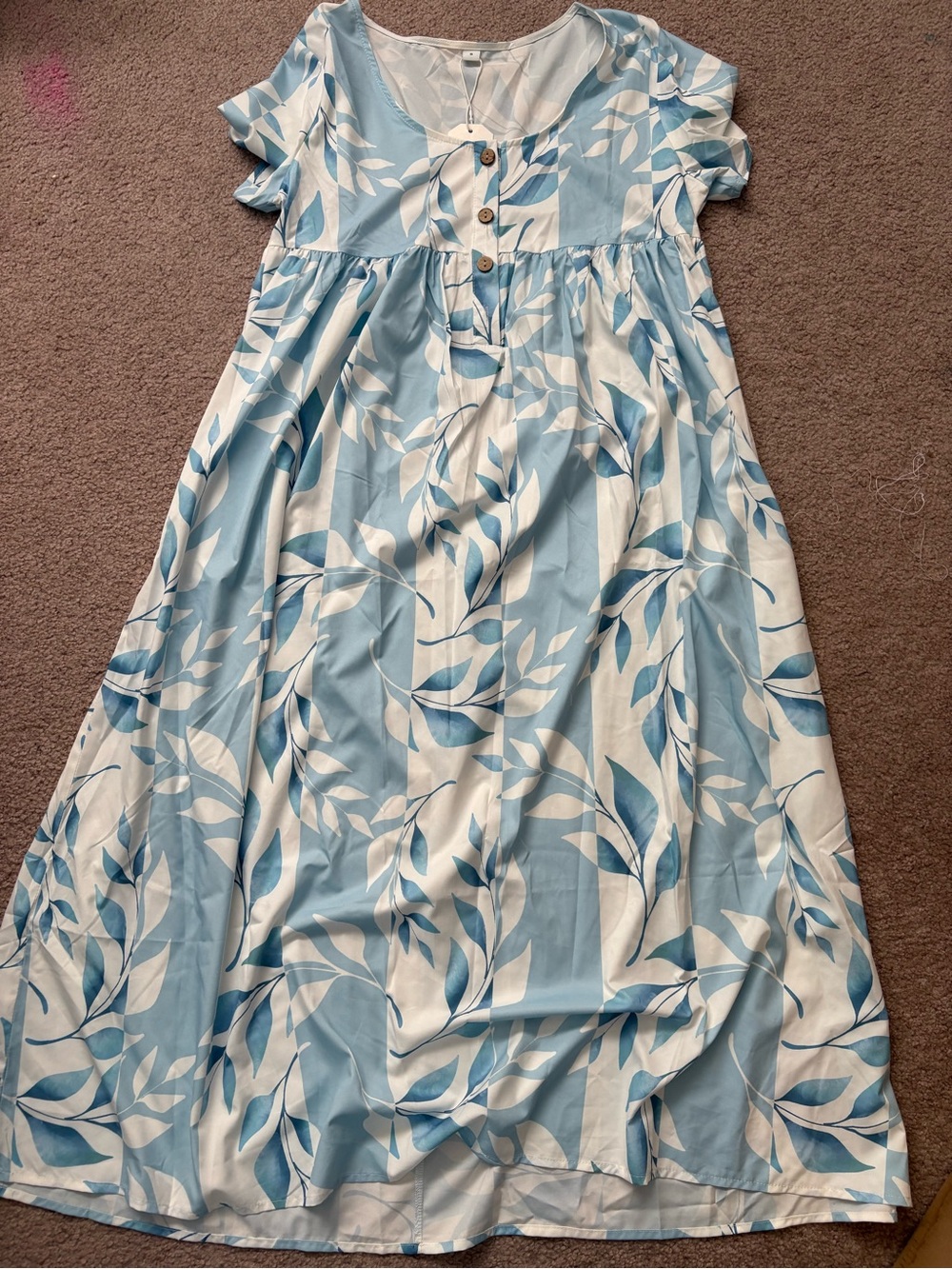 Light Blue and White Leaf-Print Midi Dress